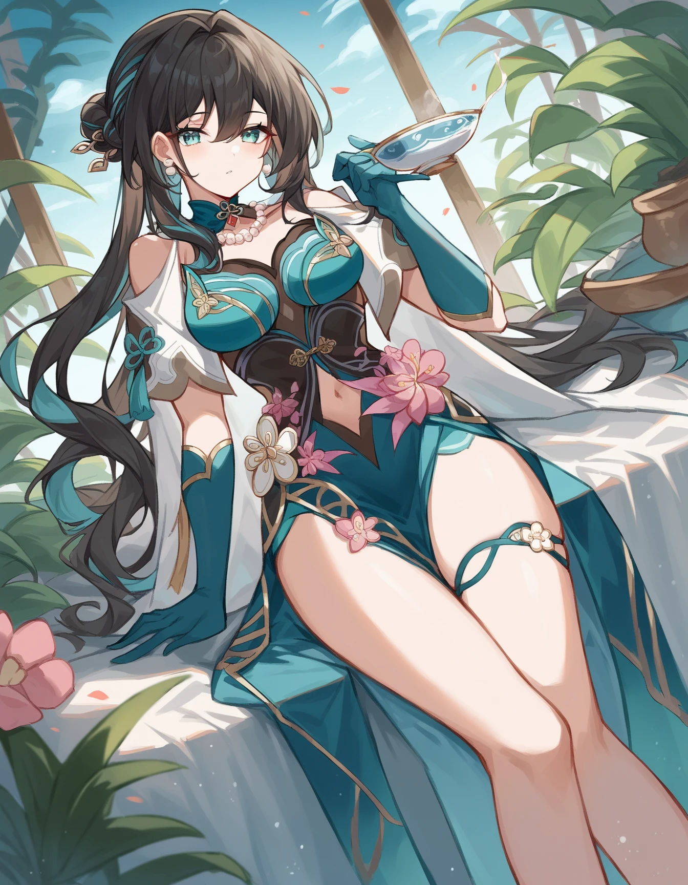 top-quality,Top image quality,(tmasterpiece:1.2),Atdan, 1 plump girl, Alone, Branch, flowers in full bloom, jewely, a skirt, ear nipple ring, that tree, through bangs, Long gray hair, hair adornments, view the viewer, Chinese clothes, black hair color hair, hairflower, Brown hair, exposed bare shoulders, Very long hair, Wide sleeves, longer sleeves