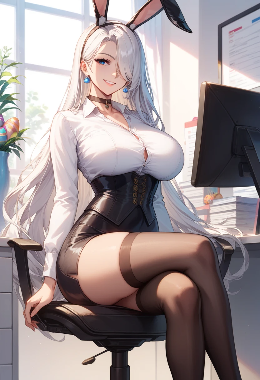 masterpiece, Highest quality, pretty girl,Gray Hair,Small breasts, skinny,hair ornaments, Twin tails,Large areola,Erect nipples,Big panties,blouse,,Net pattern stockings, necklace, skinny ,,((Nipple soothing)),Office worker sitting on chair,(Lace lined pencil skirt)