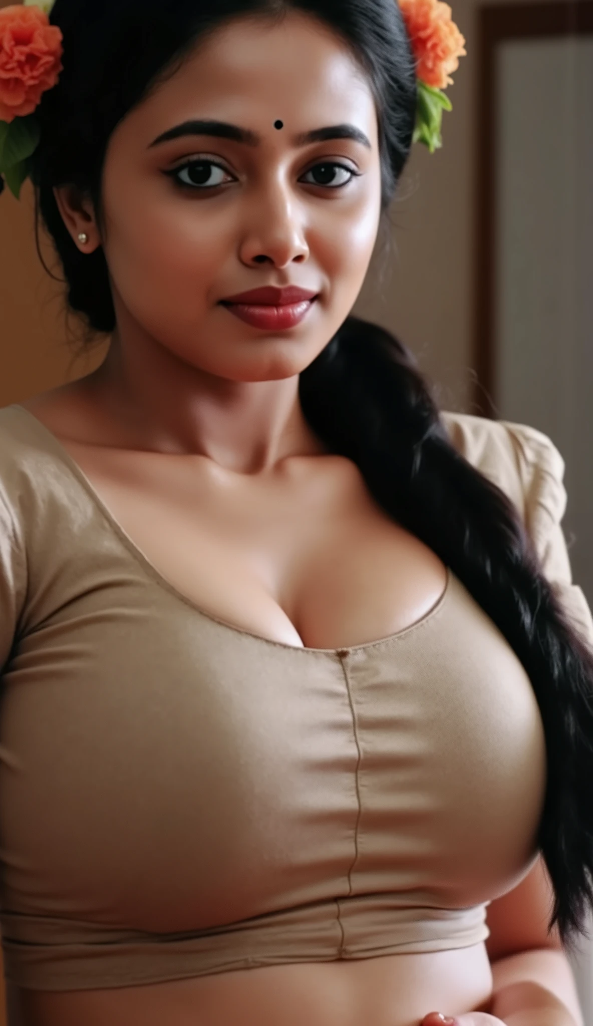 camera view pov , MILF knees , Looking at the camera, with lust in your eyes , black hair tied around , flowers on the head , sandal mark on the forehead , sindhur na testa ( red mark on the forehead in the middle of the hair split,black sari , dark red lipstick, black eyeliners, eyelash, golden noses , (( huge breasts size : 2.0)), half breasts out of blouse , decote sexy, gold blouse , thick arms , inside the bedroom, 8k , intricate details
