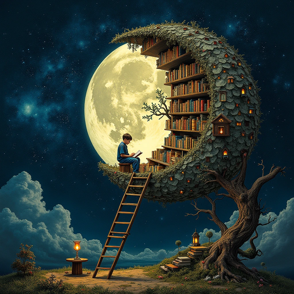 The Number 8: A library made of the moon, Mid shot enchanted library hidden within the moon, creative Masterpiece by Patrick Woodroffe and Alexander Jansson and Martin Stranka; a magnificent surreal library scene. a ladder to a full moon made entirely of books. A boy sits on a chair reading a book by a candle. The edge of the moon is decorated with twisted ancient bonsai with victorian cottages and glitter. A surreal fantasy storybook scene. starry sky Epic moon Enchanting mystical starry night Van Gogh