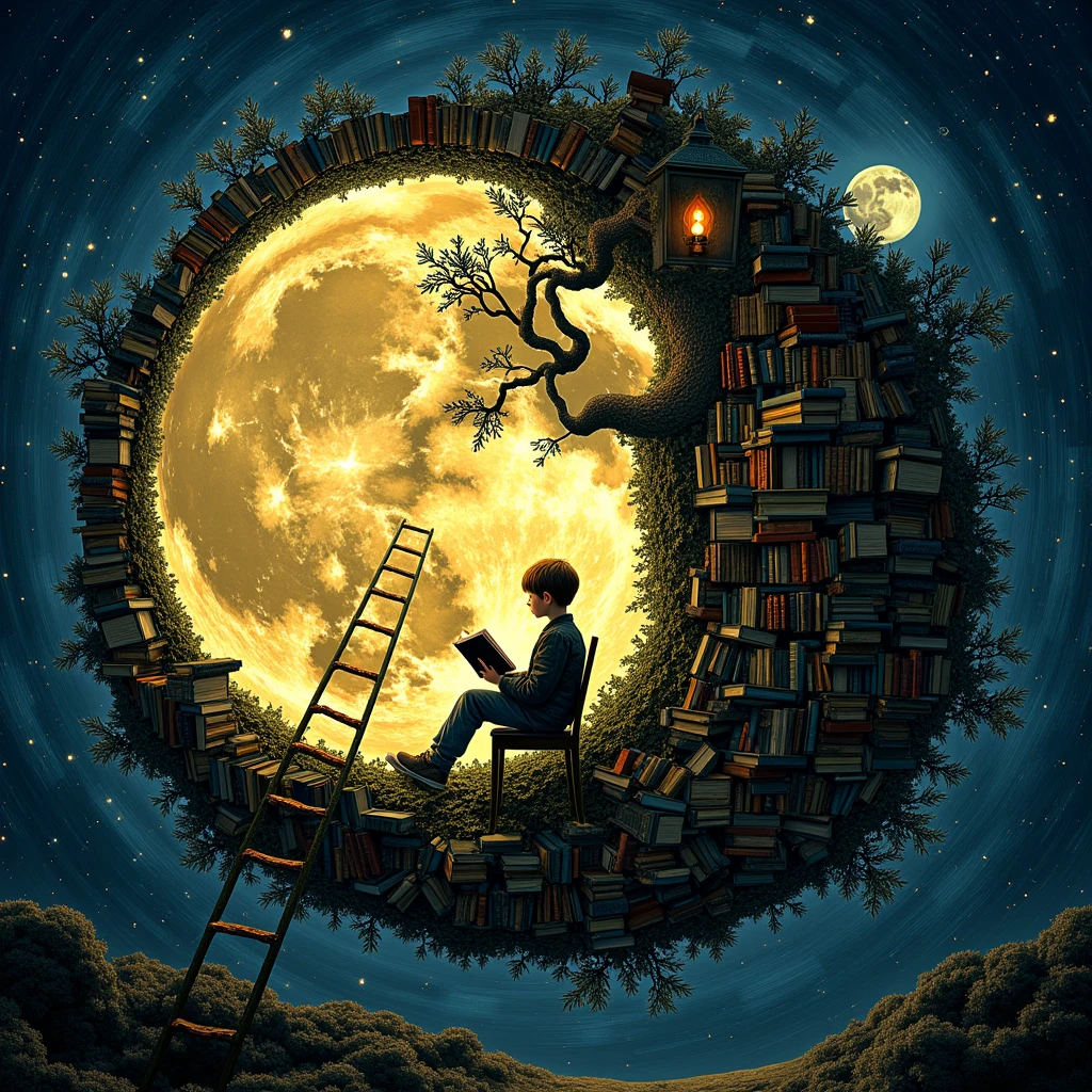 The Number 8: A library made of the moon, Mid shot enchanted library hidden within the moon, creative Masterpiece by Patrick Woodroffe and Alexander Jansson and Martin Stranka; a magnificent surreal library scene. a ladder to a full moon made entirely of books. A boy sits on a chair reading a book by a candle. The edge of the moon is decorated with twisted ancient bonsai with victorian cottages and glitter. A surreal fantasy storybook scene. starry sky Epic moon Enchanting mystical starry night Van Gogh