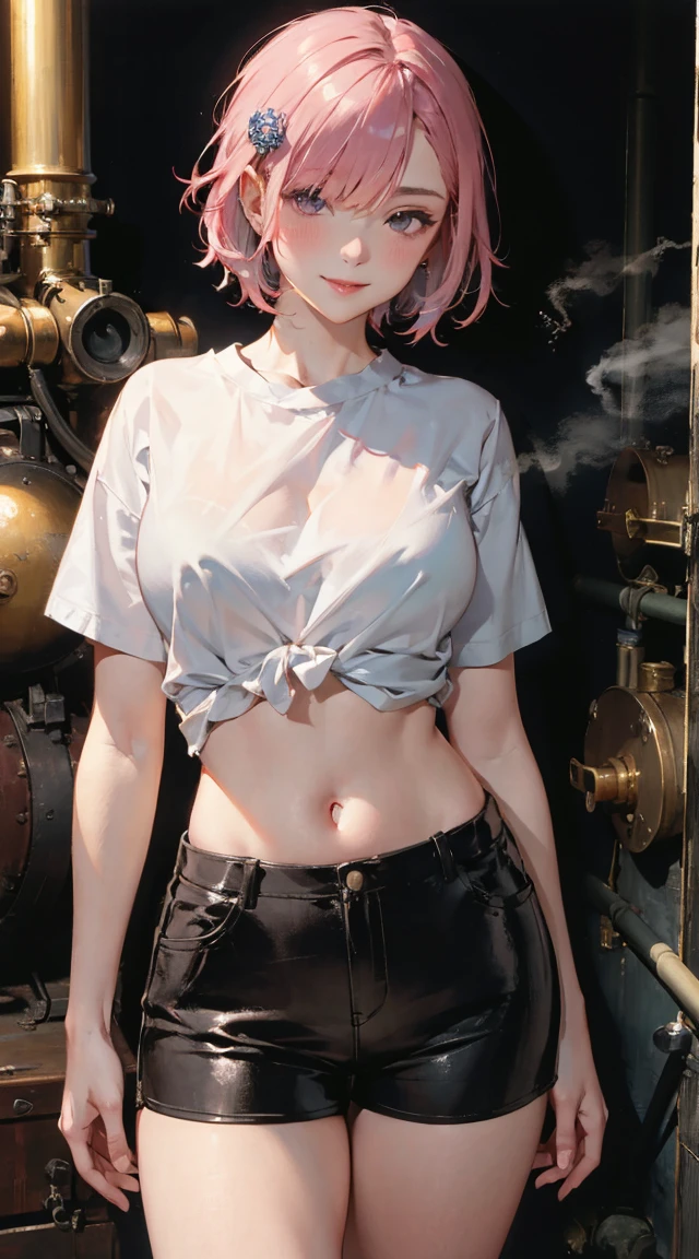 1 beautiful girl laying on bus, white hair, perky breasts, ample cleavage, round and firm breasts, perfectly shaped bust, (beautiful face, seductive, makeup, blue hair bun, large hoop earrings, light pink wet tshirts, wet tiny skirts, white boots, lying on the bus, smile, open legs