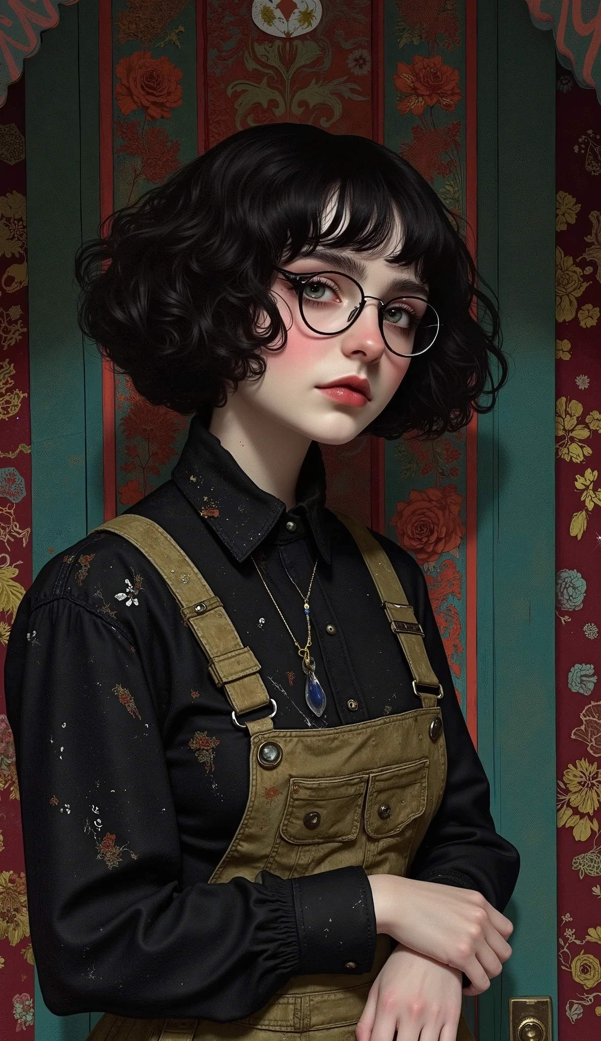beautiful detailed photograph, girl, pale skin, black brown short curly perm hair, a lock of curly hair partially covers her right eye, wearing an olive brown mechanical overall very dirty, standing in a dark dirty cover in spiderweb haunted 19 century living room of a mantion, with round reading glasses, stern face, not sexy, not sexual, no makeup, Blue-Gold Edition
