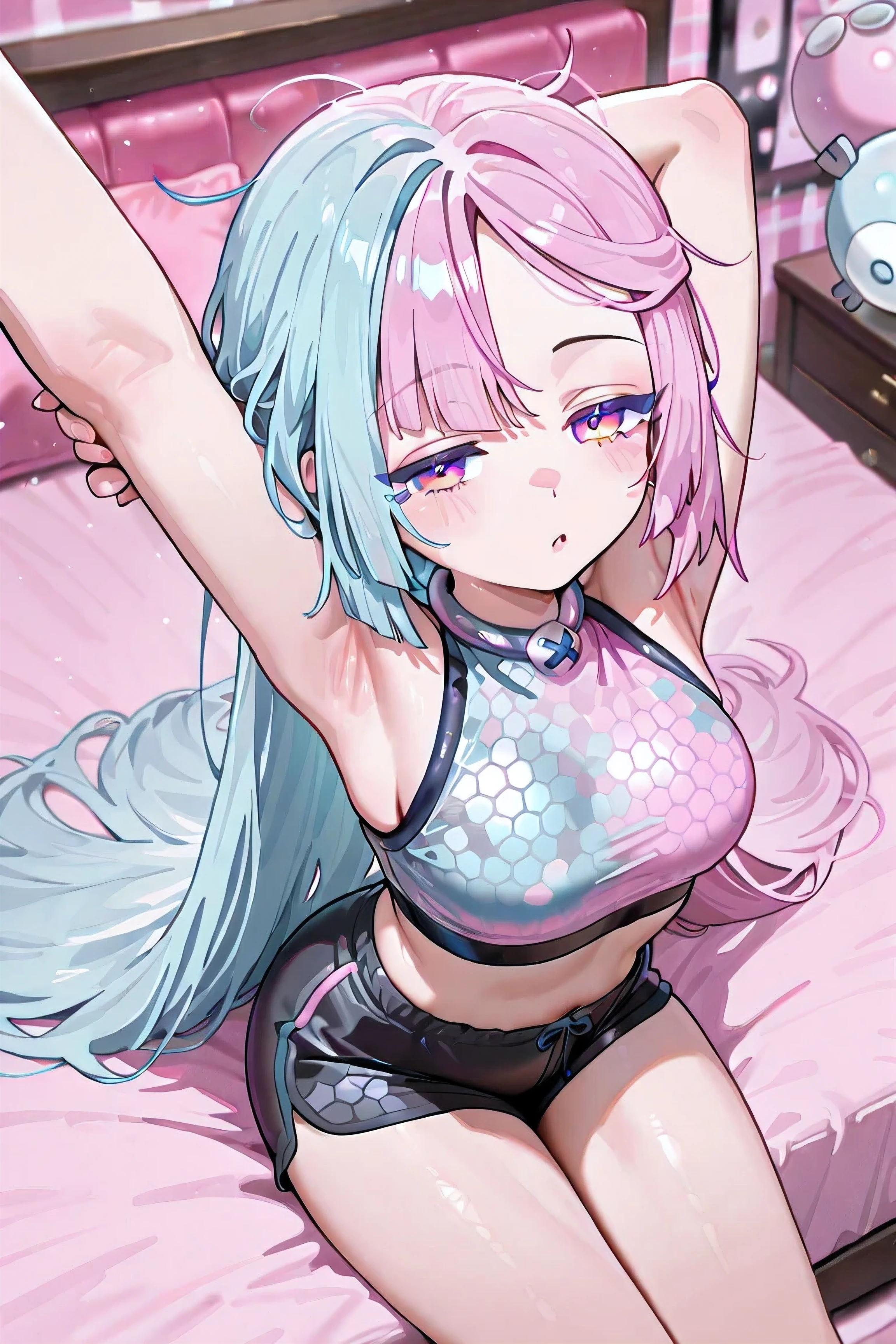 Iono (Pokémon Scarlet and Violet), young girl, ((((Just 1 Iono)))), Medium breasts, very long hair, loose hair, bicolor hair, light blue and pink hair, two-toned eyes, pink and blue eyes, ((sleepy expression)), bocejando, stretching, extremely detailed face, Cropped gray checkered, short black short, extremely detailed clothing, inside the room, sitting on the bed, Very pink bedroom, seen from above, facing the spectator, 4K, Best Quality, obra-prima.