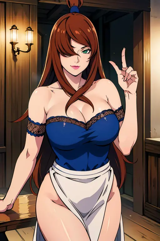 standing pose, very tempting pose, wedding accesoris on her head, wedding dress, church background, mei terumi, solo, takeda hiromitsu style, anime cels style, best quality, high resolution, (huge breasts:1.3), cowboy shot, blush, smiling, slim body, long hair, brown hair, green eyes, ((hair over one eye)), pink lipstick