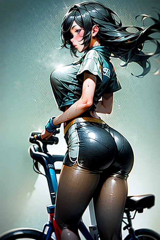 (Best quality at best, On the table),Ultra-detailed photography,1 girl in, Female cyclist,,pretty legs,At the cycling road race venue,Detailed beautiful face,detailed eyes,Delicate hair,Detailed clothes,Detailed and realistic skin,Cool,riding bikes,dynamic angle,from below