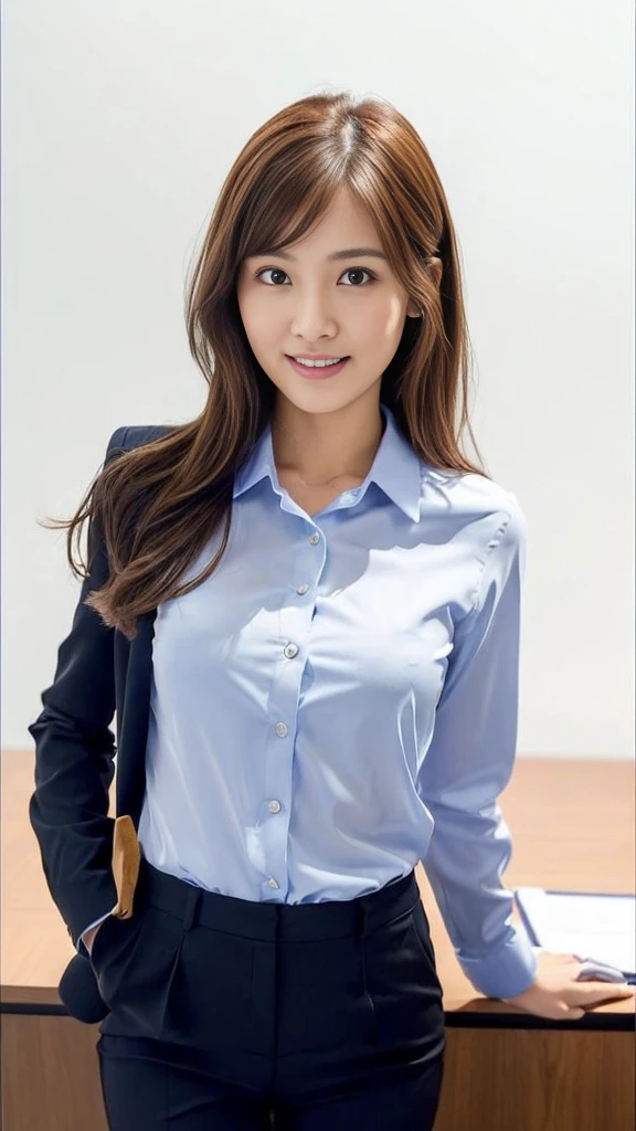((1 girl)), Very beautiful Japanese idol portraits, (RAW Photos, highest quality), (Realistic, Realistic:1.4), (masterpiece), Very delicate and beautiful, Very detailed, 2k wallpaper, wonderful, finely, Very detailed CG Unity 8K 壁紙, Very detailed, High resolution, Soft Light, Beautiful detailed girl, Very detailed目と顔, Beautiful and detailed nose, finelyて美しい目, Cinema Lighting, (Simple light color background:1.3), (Long Hair), (Parted bangs), Complete Anatomy, Slender body, Small breasts, smile, ((Full body shot)), ((banker)), (business suit),(Panty lines),Sexy pose,Vibrant,((secretary)),Slender,Long legs,