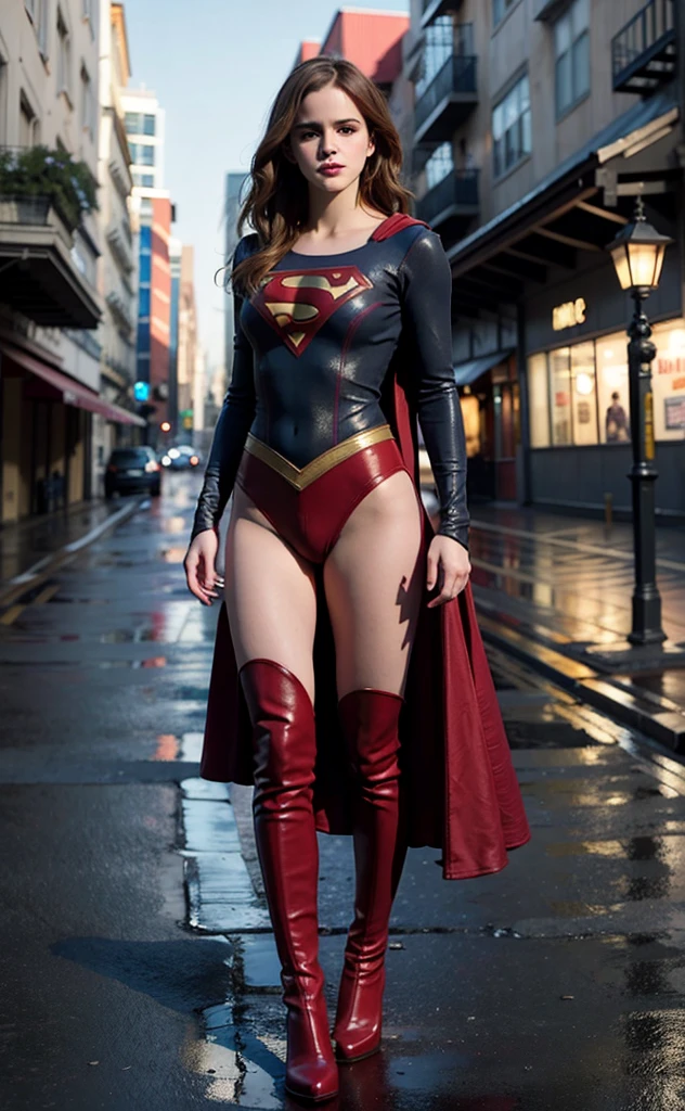  Emma watson has long black hair，Big breasts，Wearing a tight-fitting Superman suit with fluttering robes，Standing on street of broken city，Clothes covered with blood，Realistic style，full body picture