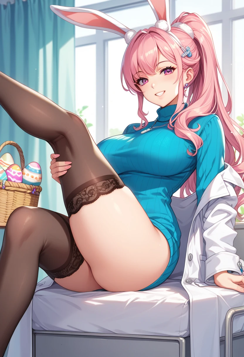 1 girl, game cg, Santa Claus clothes, short skirt, black stockings, Santa hat, gigantic breasts, pink hair, long hair, straight hair, ahoge, pink eyes, dakimakura, full body, nsfw, topless, panty lift, smile, blush, looking back, love juice,