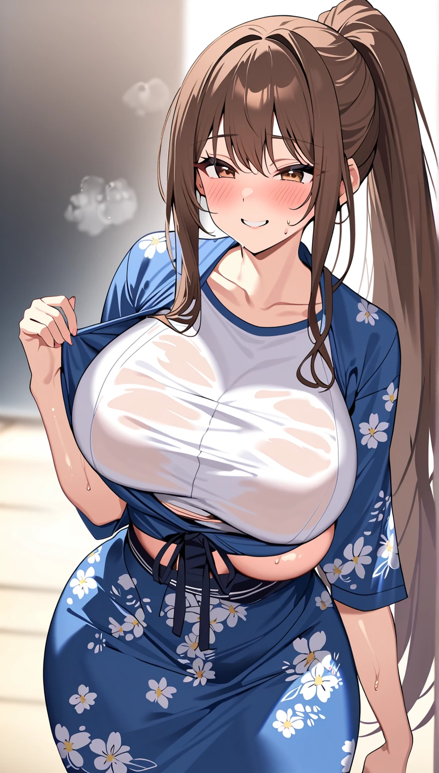 brown hair,((long ponytail hair)),hair air intake, flush and smile,ultra big large huge breasts,sweaty,Sweat-soaked and transparent yukata,Flower-patterned yukata,erect nipples,