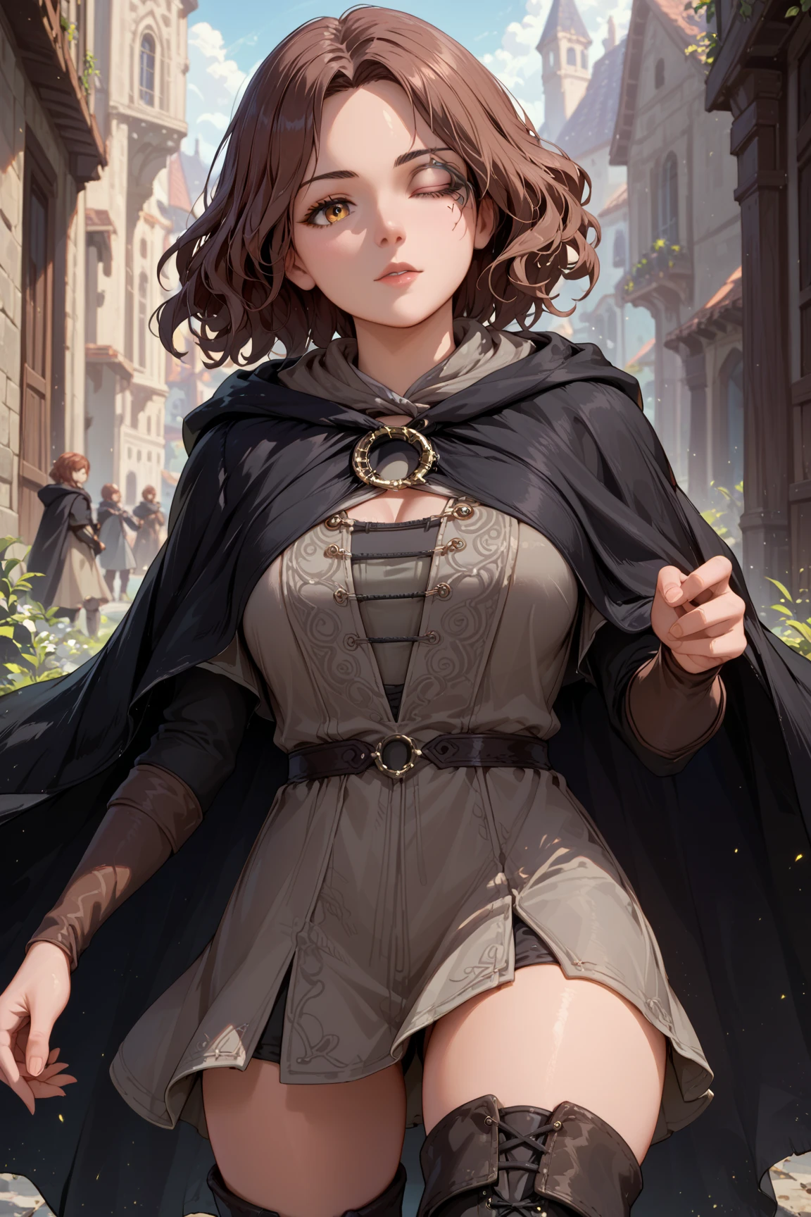 ((Masterpiece)), ((best quality)), (High Definition:1.3), (Professional Photography:1.2), best quality, 8K, Textured skin, cinematic lighting, 1girl, wide-shot, (Cute innocent teenage girl), slendar body, small breast, ((cover chest with hands)), very messy medium hair, ((Priest uniform like a pagan guru)), blush and sad, (exposed stomach), cat ears, pale brown hair, innocent posing, (the Decaying ancient ruins cityscape), Grass is thriving, (Beautiful and clear waterside),