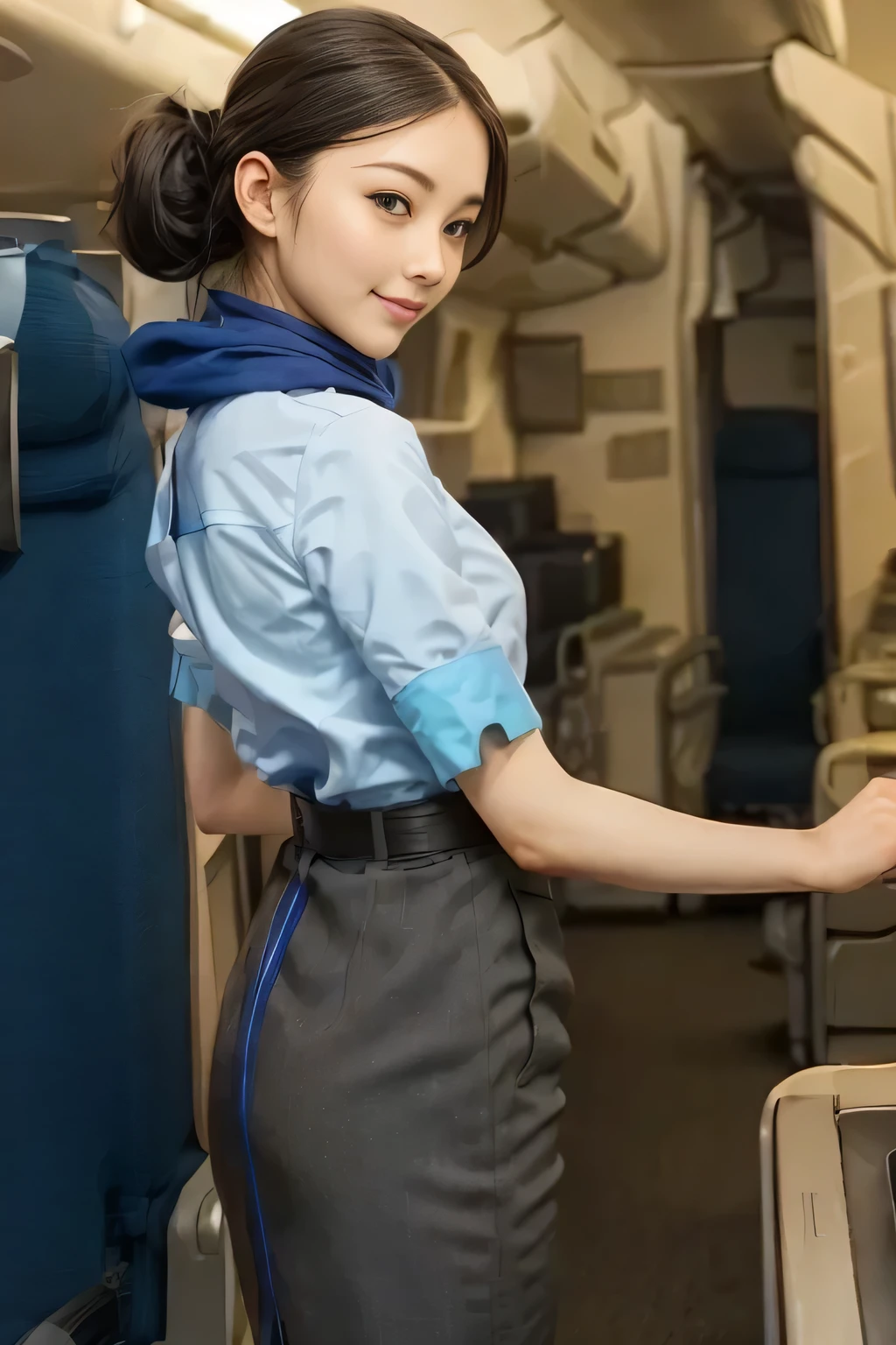 (masterpiece:1.2, best quality:1.2), 32kHDR, high image quality 。 perfect for loosely aligning your legs , (alone、 1 girl)、( daytime building rooftop 、 professional lighting )、 against the roof of a building 、(ANA Flight Attendant Uniform Blue Wear 、real style )、(( ANA flight attendant uniform 、 ANA cabin crew uniform blue skirt 、 Has a Blue Line on the Back 、 wrap a scarf around your neck ))、 lots of dark brown hair 、( long hair、 hair tied、 hair tied, braid summary hair )、 lots of dark brown hair 、 long hit 、Big Breasts、thin legs、(( amazing hand :2.0)),(( 。 figure in harmony with the roof of the building 。 :1.5)),((generally limb:2.0)),((generally :2.0)),(( watch:2.0)),((generally goal :2.0)))、 smile 、( beautiful back visible ANA cabin crew uniform blue )、 cross hands under the body