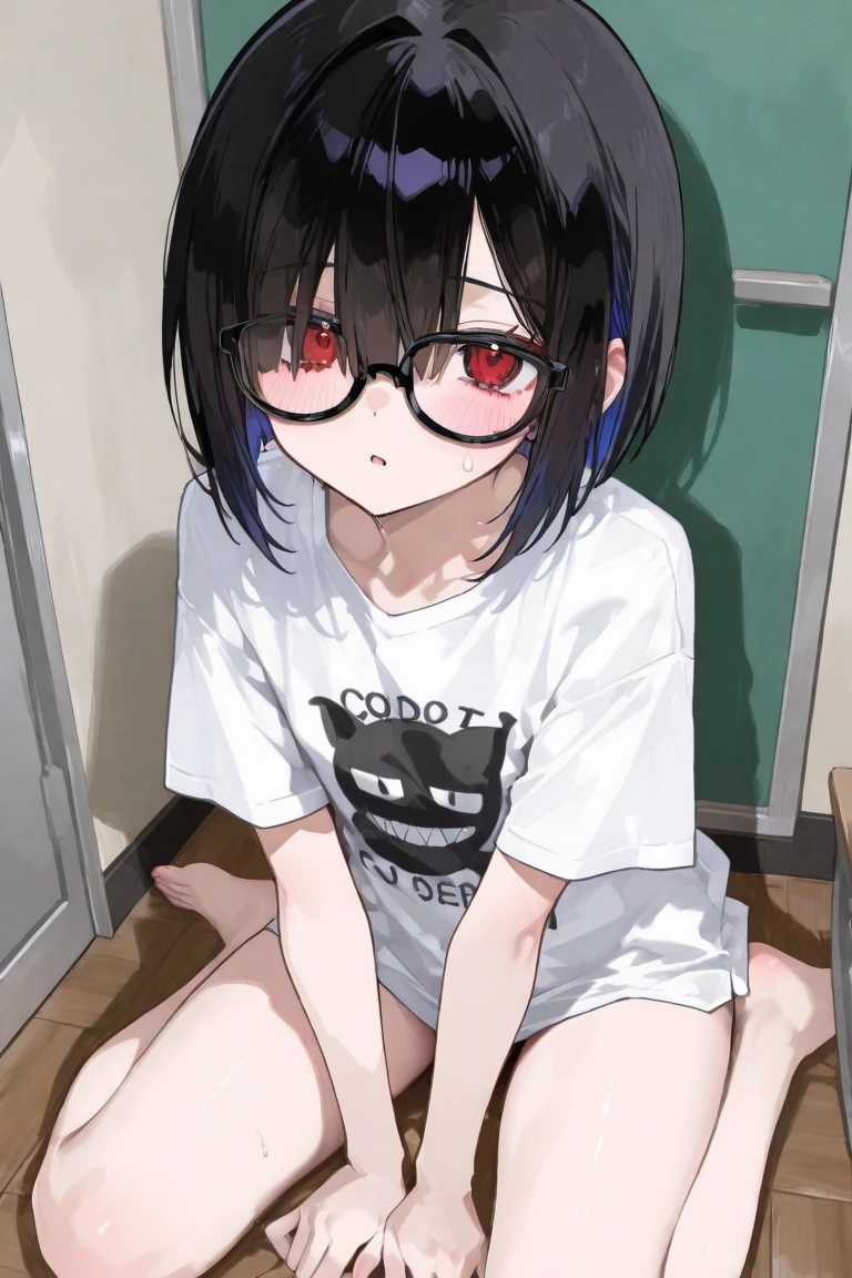 woman with small breasts, small nipples, 15 years old, Wear glasses、look up, Moist eyes, cheeks are red, angry face, Feels good, naked, amount, whole body, cute, black hair, spread your legs, ((very small flat chest))、stain on crotch、Pubic hair is sticking out,spread her pussy、backwards、beautiful butt、fucked from behind、((naked))、perfect fingers、highest quality、beautiful hands、Poop is coming out of the butt hole