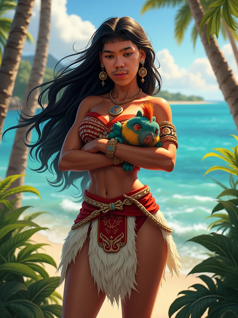 Hairy fox beast mother , Round face , (Tilt your face:1.1) , (Wink:1.2) , Moist, round eyes , Swollen cheeks , Estrus , Dark Hair , motherly smile , Glossy Lips , nude , (Body Paint Swimwear:1.2) , Sunny seaside , With the surprised beastmen
