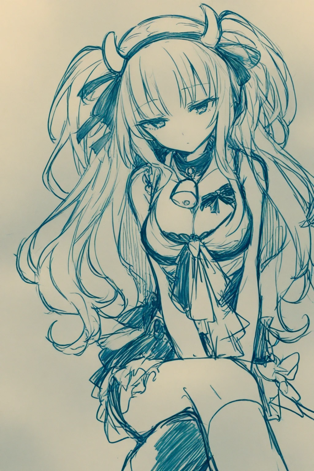<lora:NLOv5:1>, 1girl, blush, bow, breasts, cowboy shot, crown, detached sleeves, greyscale, hair bow, hairband, hands up, long hair, long sleeves, looking at viewer, lowleg, mini crown, monochrome, navel, parted lips, simple background, small breasts, solo, white background