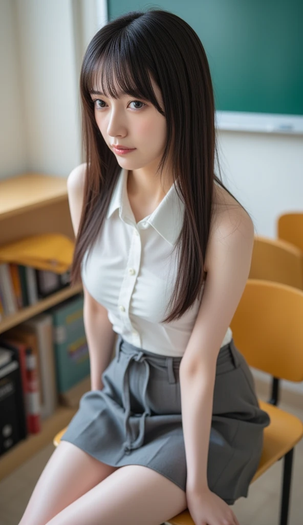 Masterpiece, Best Quality, Ultra Detailed, Illustration, Colorful, FAQ Color, Depth of Field, Lens Glow, 1girl, Hong Kong Beauty, Royal Sister Style, Sexy Style, Seated, Brunette Hair, Looking at the Audience, School, Classroom, Pleated Miniskirt, School Uniform, Serafuku, Black Pantyhose, Delicate Skin Texture, Fine Fabric Texture, Beautiful and Meticulous Face,