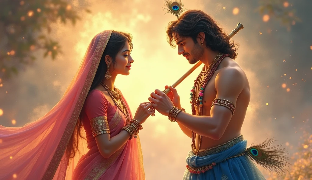 20 years old krishna in village with radha normal skin , create high quality realistic image, Landscape of a village, bight sky, vibrant colors, looking with smile, environment is background is of garden, image should ultra clear, hyper realistic, high quality 4k , peacock and birds