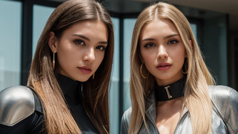 Near Future US , SF laboratory, long latina blond hairの若くて美しい18歳のスウェーデン人美女モデル2人が離れて立つ, bright glass hallway on the top floor of a skyscraper, 2 beautiful Swedish women walking, Pointing out of the window, long latina blond hair, 2 beautiful Swedish women on the top floor of an 18-year-old skyscraper, (笑face), ((笑face)), yelling:1.3, open mouth: 1.3, wearing a heavily equipped android suit that covers the whole body, wearing a cyber suit with a collar inside an android suit, The collar is zipped up to the neck, 2 beautiful twins wearing high-neck armored protectors, , (Eyes Wide Open), UHD, highly detailed VFX portrait, (best quality: 1.2), ((masterpiece:1.4、best quality)), (Realistic Skin Texture：1.3), (Detailed Pupils:1.1), 詳細なfaceと目, (realistic), The 8k , high details, (LIP GLOSS, Long Lashes, Shiny surface, about), (thick eyeliner), (eyeshadow), ((Pointy Nose)), (earrings), real photo, Blue eyes glow,  image size head 、face、hand、arm、Body fits  , 🤬 🤮 💕 🎀, rule of thirds