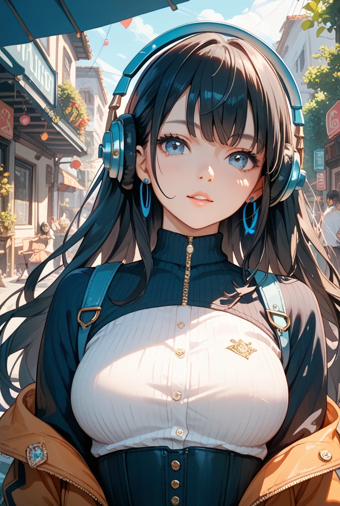 1 girl,girl wearing headphones around her neck,Very cute,Ponytail with bangs,A dark-haired,tre anatomically correct,Precise fingers,Colossal tits,Headphones with accurate depiction,highneck sweater,