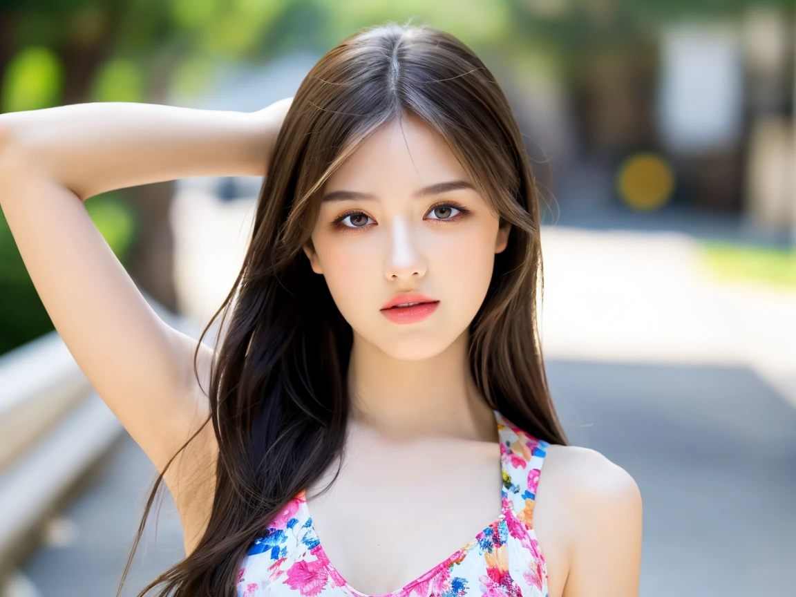 Kim Jennie with white brown hair, with curlers at the ends, with two bows on each side of the hair, all her hair white brown, with a star clip in her white brown hair, light colored eyes, pretty eyes, crying eyes, pretty, upturned nose, watery nose, Pretty lips, pink lips, heart and cupid shaped lip, pretty skin, pale, White skin, with moles and freckles all over his face, soft pink blush on the cheeks, natural pink blush, soft pink makeup, Jennie, nice neck, marked collar, frown, tender look, with a kiss necklace, a pretty kiss necklace, similar to Yumeko Jabami, while wearing a Crochet YK2, woolen, with a YK2 style brown mini skirt, while wearing a jacket with bear prints, while having a bare abdomen, Delgado, marked and pretty, (big breasts, soft breasts, nice breasts), while she is cosplaying the character Yumeko Jabami, The anime Kakegurui, looking to the camera