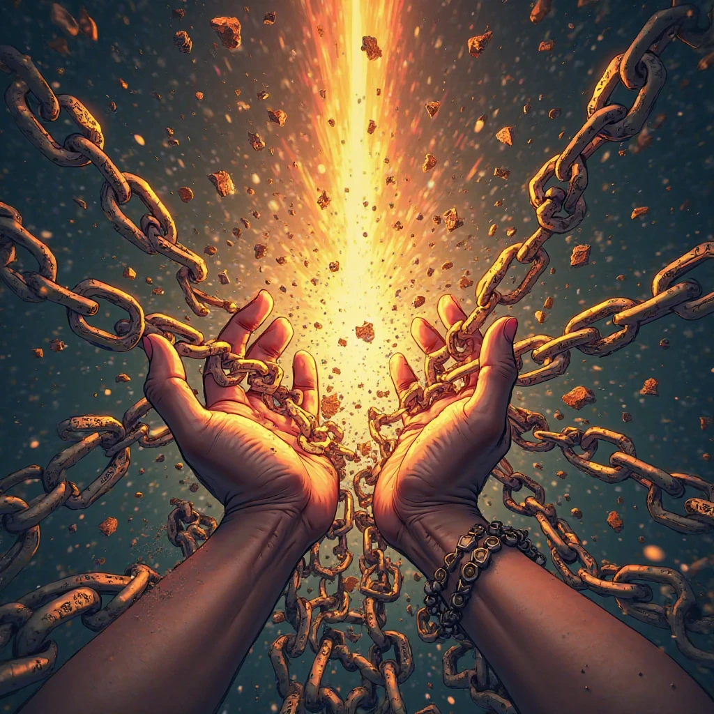 Create a Front Image of an Arm Coming Out of the Glowing Earth and Light Fire Around It, in his open hands Breaking thick bronze chains Falling to the ground the links of the chain. Behind the Holy Spirit black background dark and evil shadows moving