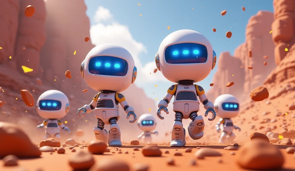 3D characters, perfect spherical shining ball robots, fantastic game world, adventure to save a broken world that has lost its former beauty, spinning motion as you move forward, background is standing in a desert of destruction where angry giant golems cause violent storms, tiny weapons and items used by robots, expressive and energetic magic and skills, hyper reality 8K, ultra high resolution, realistic depiction.