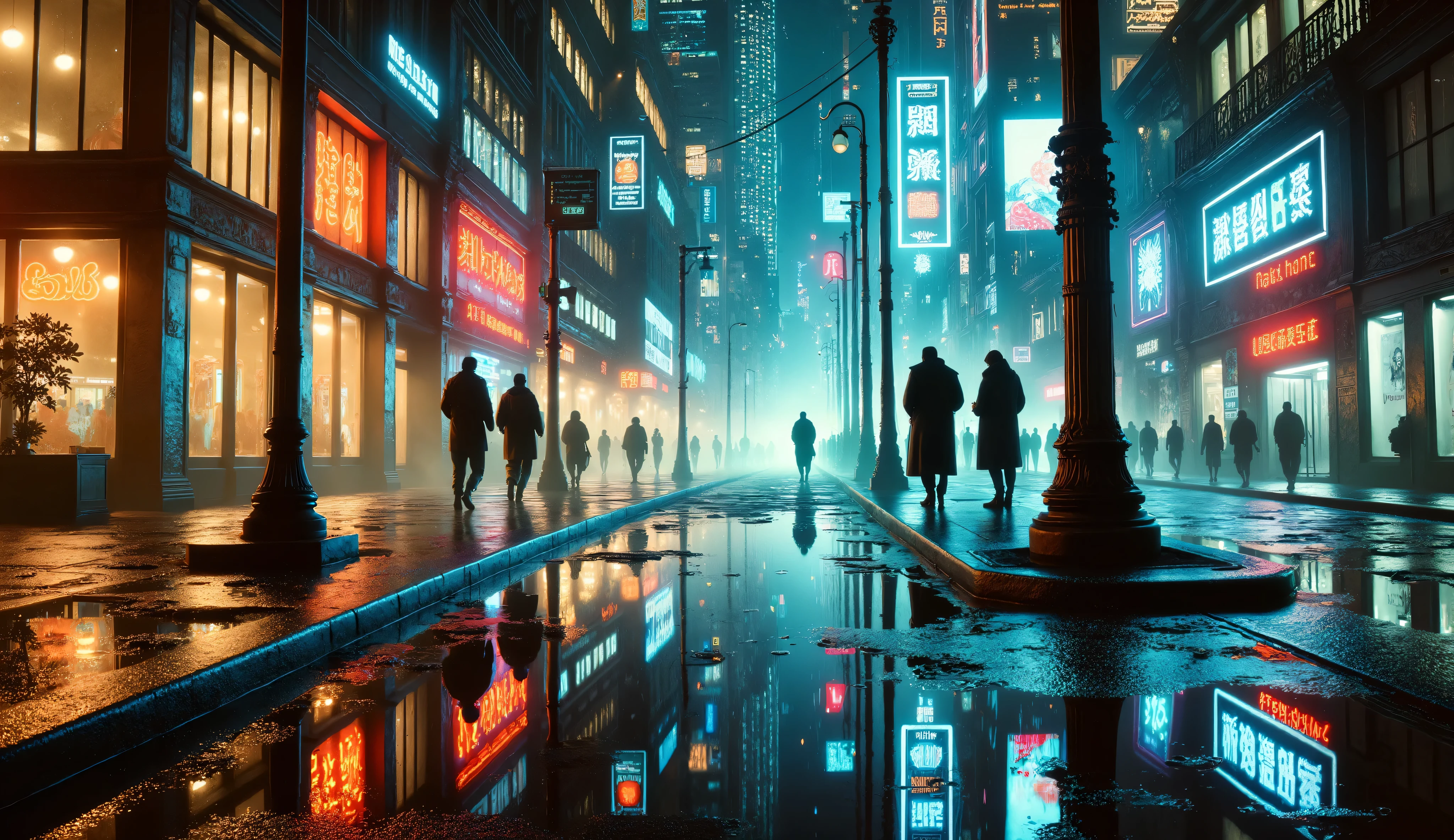 Right after a rain, in the middle of an empty city full of luminous, a puddle of water on the asphalt reflects the grandeur of the buildings and the city lights at night. low camera