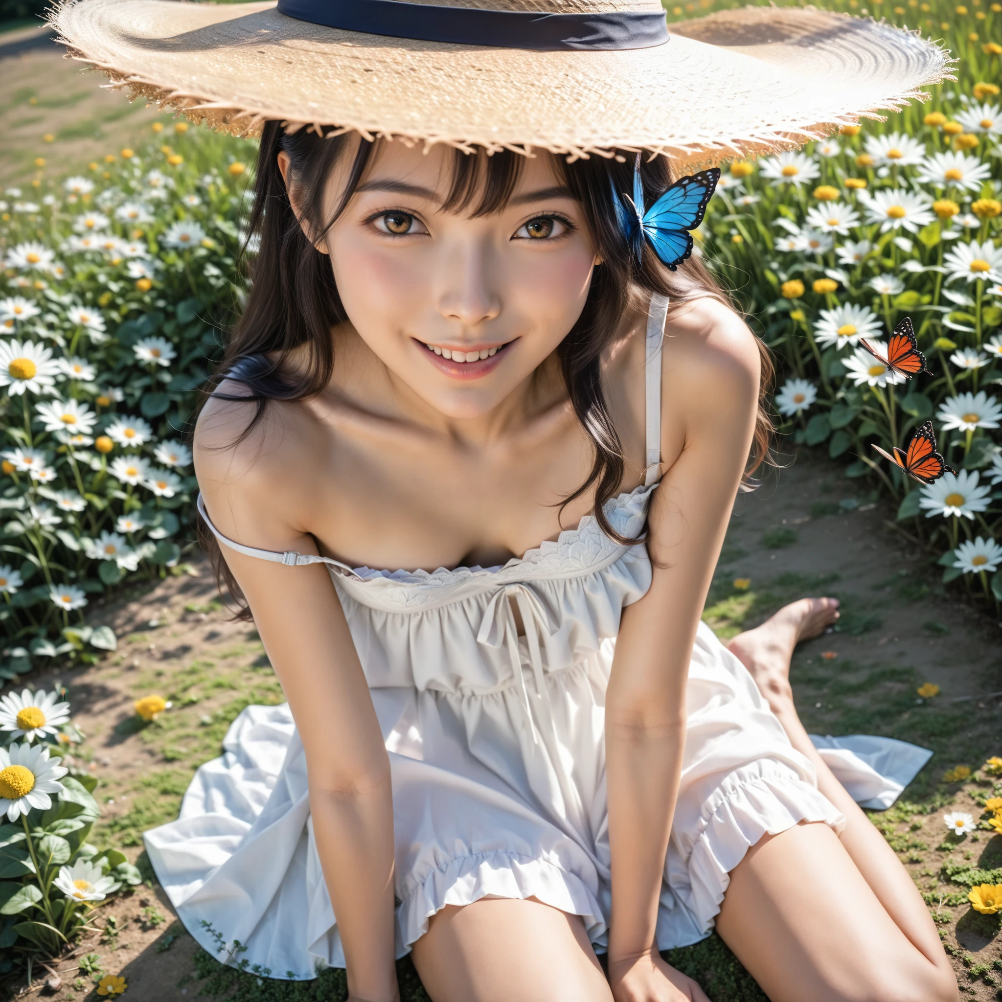 masterpiece, Highest quality, Very detailed, sexy, On the Farm,Wearing a big straw hat、Naked and in overalls、Blonde woman, (Very young and and body),Ahegao Orgasm Double Peace,