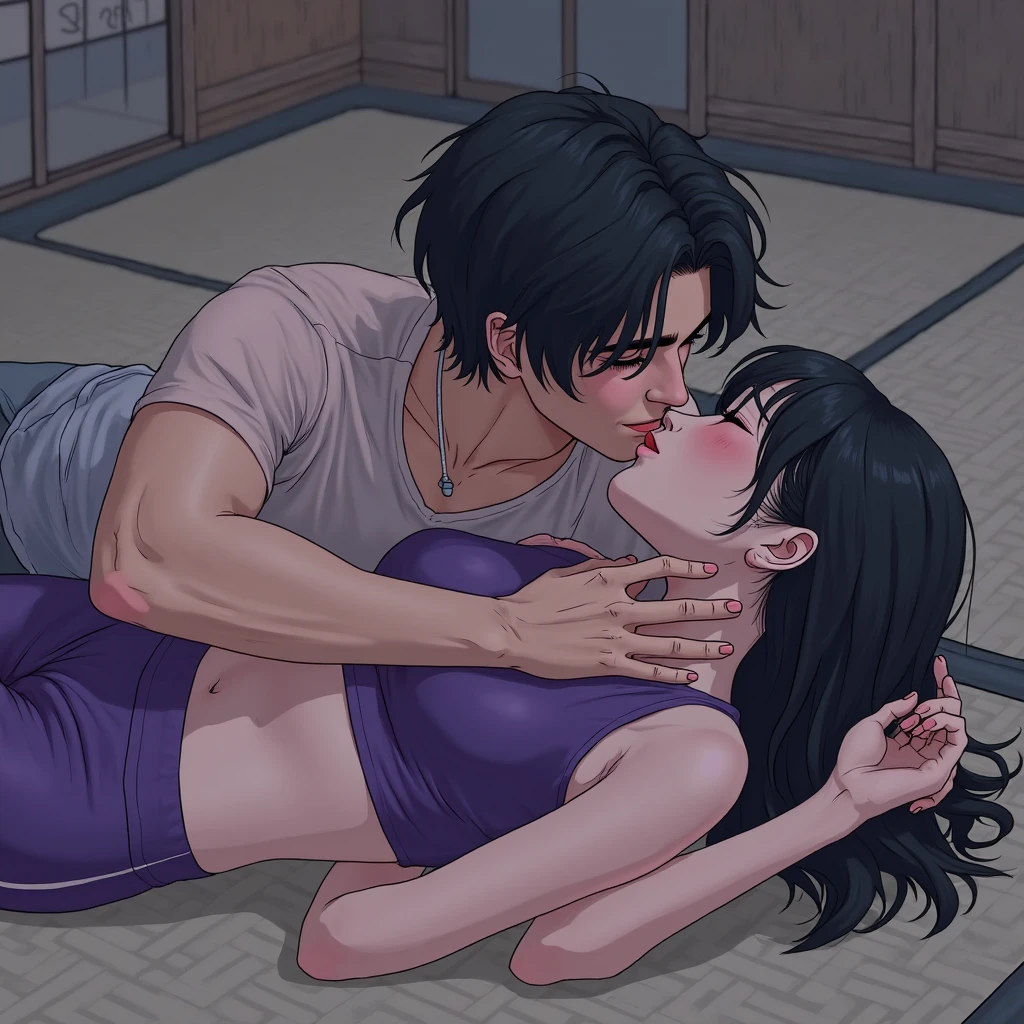 (man and woman kissing:2),, (masutepiece, Best Quality, hight resolution, nffsw, Perfect Pixel, depth of fields, 4K), , Perfect body, , (boys and girls:1.8), (2 human in picture:2) boy on top, side ponytail, black hair,
japanese clothes,
sash,
gloves, (purple kimono:1.6),
, nsfw,(ecstasy:1.3) ,(slut:1.2),(vulgarity:1.3),(fucked silly:1.1),(steam:1.1),(wet:0.8),(trembling:0.8),(tears:0.7) ,(drooling:0.6),(sweat:0.8), wince,(orgasm:1.5), , (nipples:1.4), (boy fondle girl's breasts:2) , large boob, bed room, (hardcore sex:1.6),