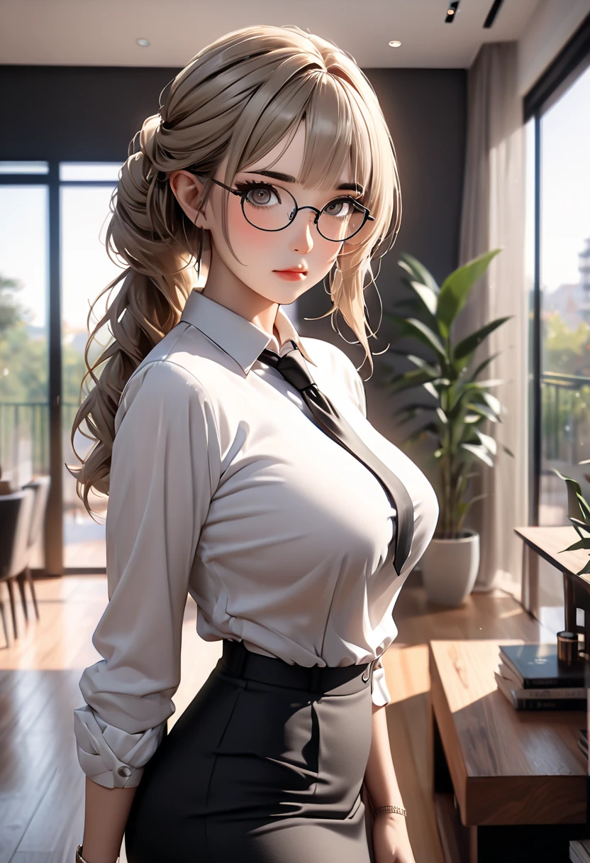 Masterpiece, 最high quality, high quality, High resolution, high quality texture, high quality shadows, High resolution, Beautiful details, Detailed CG, Detailed Texture, Realistic representation of face, Realistic, colorful, delicate, Cinematic Light, Side light, Lens flare, Ray Tracing, sharp concentrated, (1 Girl,concentrated:1.3), ( Intricate details, compensate, PureErosFaceV1:0.5), (細部まで美しいdelicateな顔, 緻密で美しいdelicateな瞳, Perfect Facial Proportions, Dense skin, Optimal ratio of four fingers to one thumb,Unified 8k wallpaper, Arms under chest, Modest chest, Wide Hips, Smooth upper abdomen, 35 years old, blue eyes, glasses, air fortress hair, blonde hair, house wife, the gaze of true love, lips of temptation, A look full of compassion ,a smile full of love, i love you, Acting lovey-dovey, I love you so much I'm crazy,
cabin attendant uniform,white blouse,tight fitting black skirt,black stockings, excellent secretary ,working as a secretary, wooden desk, wooden chair