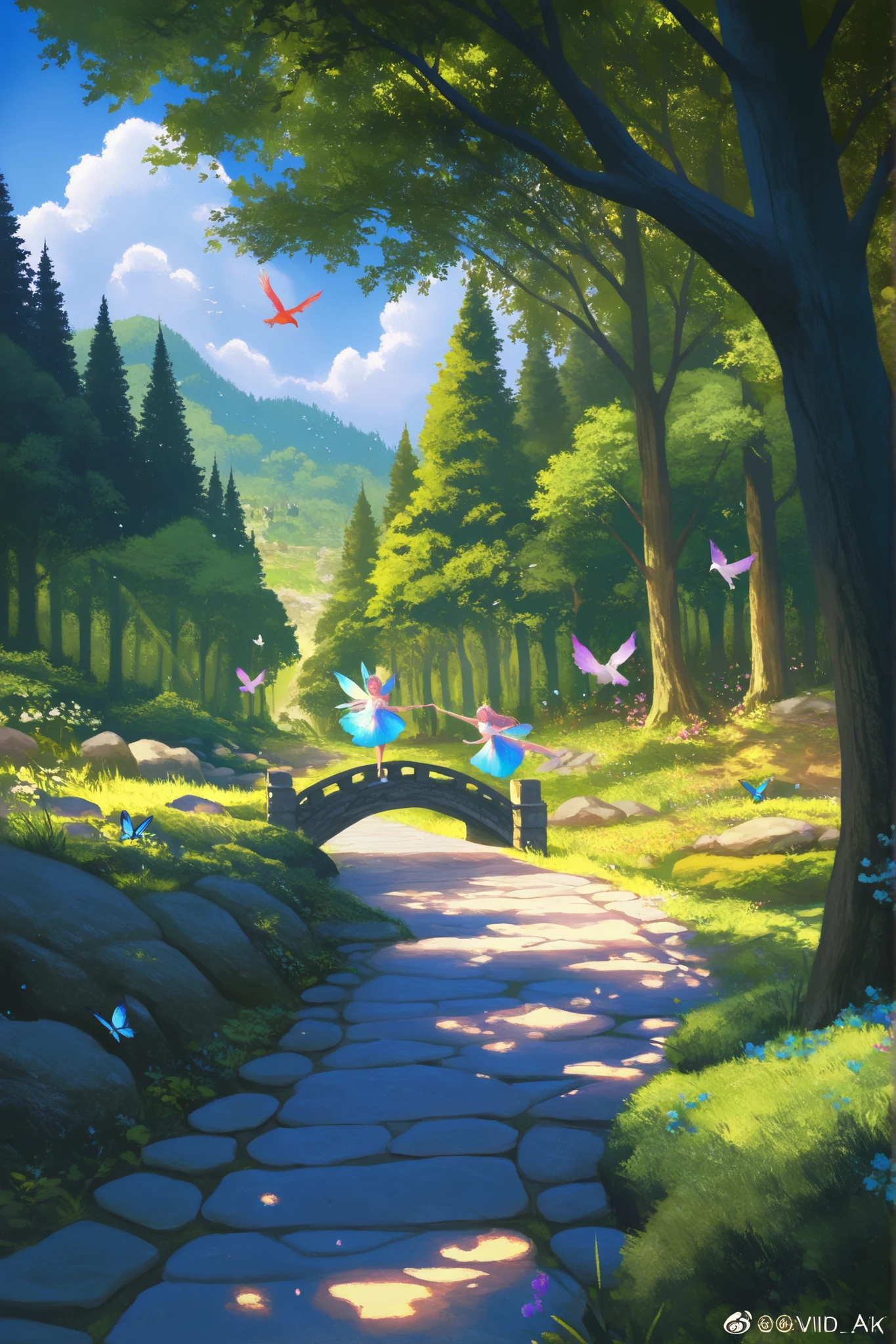 storybook aesthetic, detailed fairy tale landscape, whimsical cottage in enchanted forest, stone path leading to wooden bridge over babbling brook, sunlight filtering through lush foliage, fluffy white clouds in azure sky, birds in flight, butterflies dancing, 4K, masterpiece, high resolution, vivid colors, dreamlike, storybook illustration, oil painting, fantasy