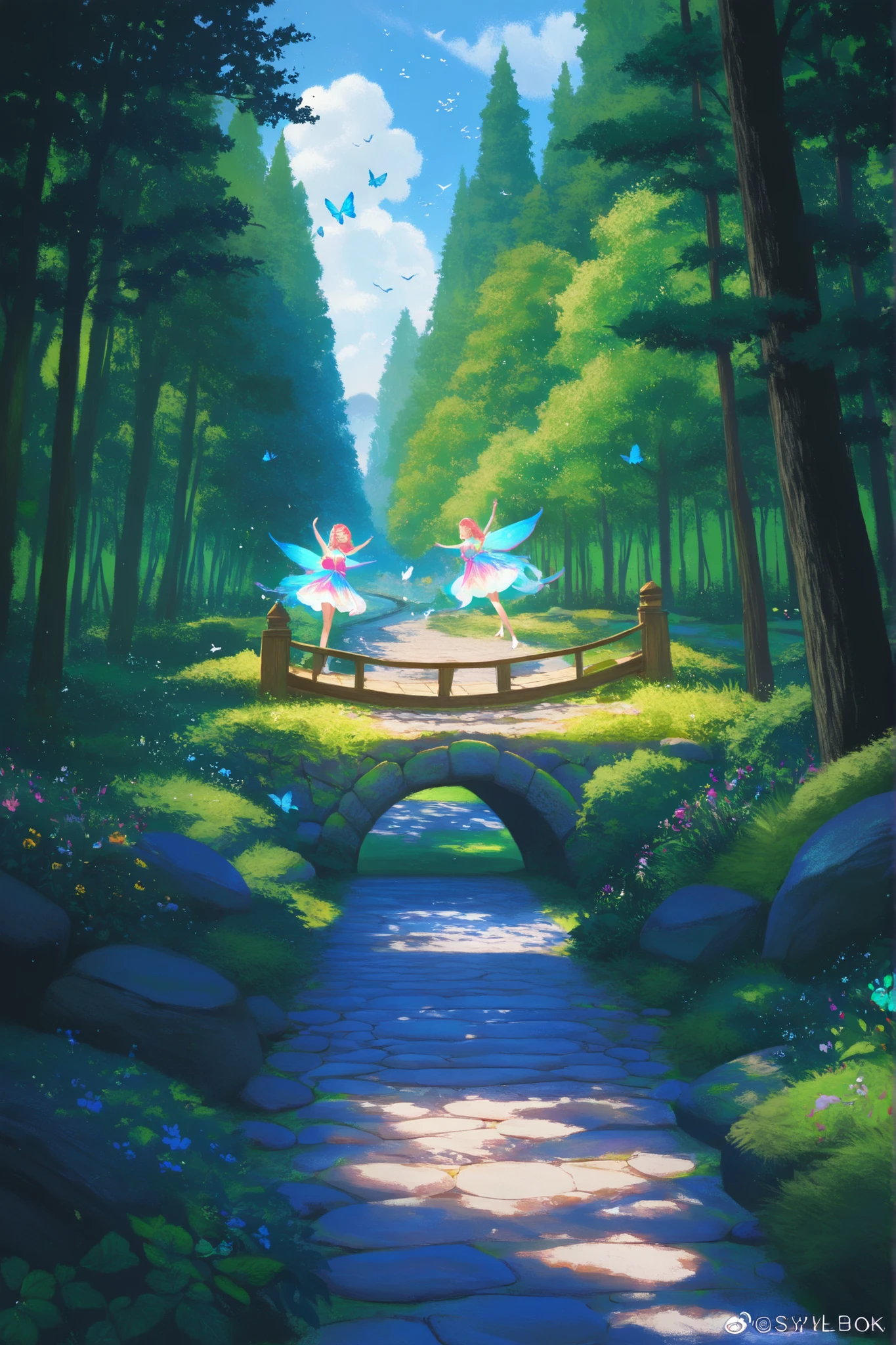 storybook aesthetic, detailed fairy tale landscape, whimsical cottage in enchanted forest, stone path leading to wooden bridge over babbling brook, sunlight filtering through lush foliage, fluffy white clouds in azure sky, birds in flight, butterflies dancing, 4K, masterpiece, high resolution, vivid colors, dreamlike, storybook illustration, oil painting, fantasy