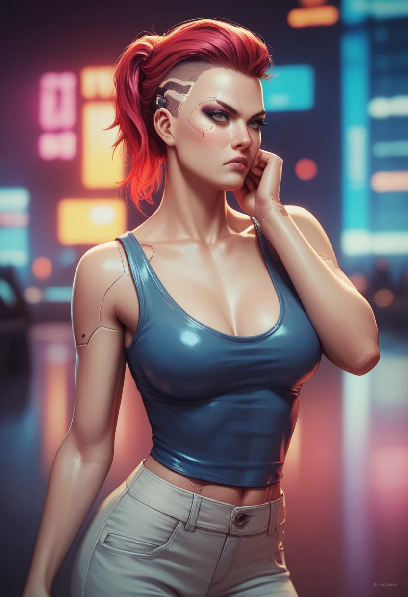 (((portrait, wearing white tank top, standing at busstop, side view, cute smile, sunny)))<lora:D4FemBarbLoRA:0.7> fembarbarian, ponytail, tattoos, pink short skirt, shoes,beautiful eyes, beautiful girl, high detail skin, high detail eyes, high detail hair, highres, ultra detailed, sharpen picture, Highly detailed, masterpiece, best quality, photorealistic,