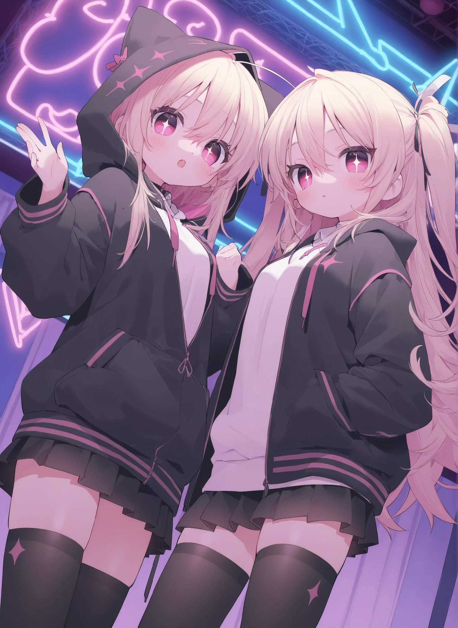 best quality、8k、Highly Detailed CG、Dynamic Angle、Dynamic Angle、cowboy shot、Nightclub with sparkling neon lights、interior、standing、Beautiful sisters、 twins 、2 cute twin girls、Contrasting facial expressions and personalities、Half eyes and round eyes、cute accessory、hoodie、Seduce me with cute poses、Highlight healthy thighs、very short pleated mini skirt、black thigh-high stockings、stylish and futuristic neon clothes、