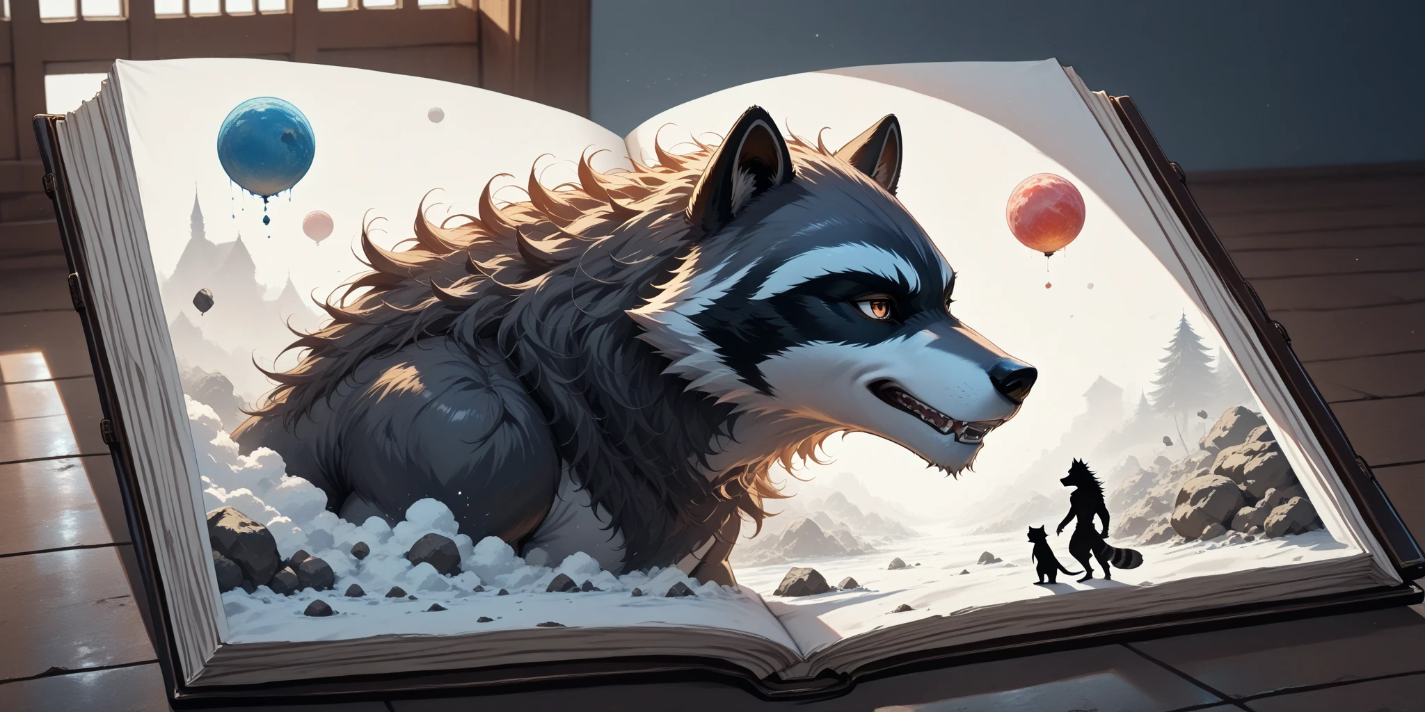 Break,(out-frame of a picture book:1.2),break,(watercolor, pastel, hand-drawn dream world, watercolor smudges, thick outlines),(1girl and 1animal,1girl is female solder  ,1animal is the raccoon ) ,adventure in wonderland,wrnchexpwhimsicalvisions, silhouette, double exposure,