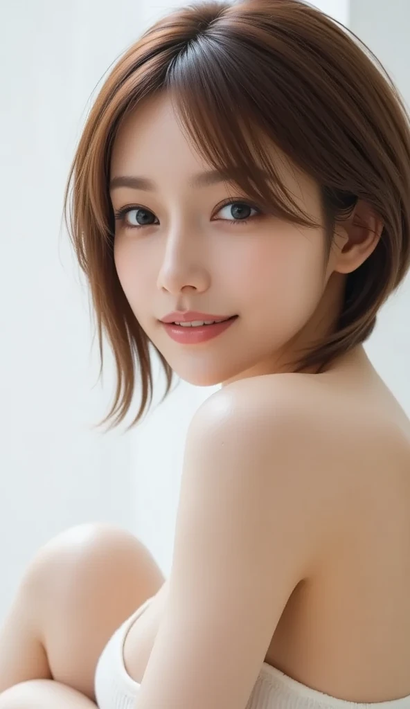 Masterpiece, high quality, high resolution, create a high quality realistic portrait of a skinny 30's Japanese woman shrugging her shoulders shyly. She should have a slight blush on her cheeks and a shy, hesitant look on her face. Her shoulders are slightly raised, and her body language conveys a sense of embarrassment and humility. She has bright brown eyes, brunette hair styled in a short bob, and is completely nude. The background should be neutral and soft to emphasize her facial expressions and poses. focus on the whole body