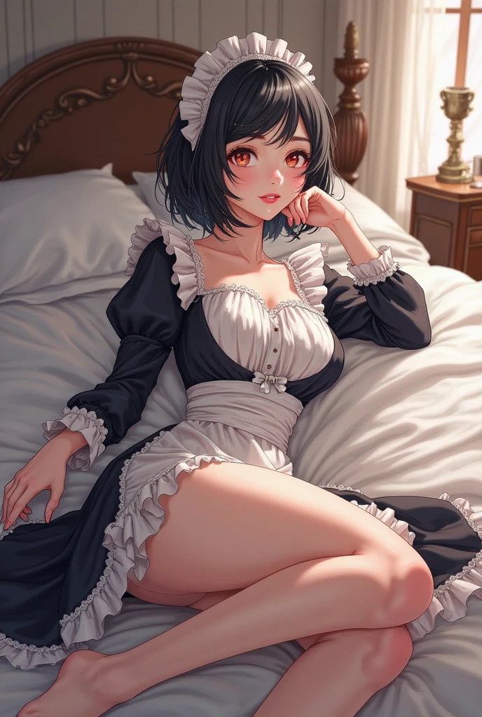 {{masterpiece}}, short wavy hair, navy hair, black cat ear, blue eyes,maid clothes、、Fashionable background