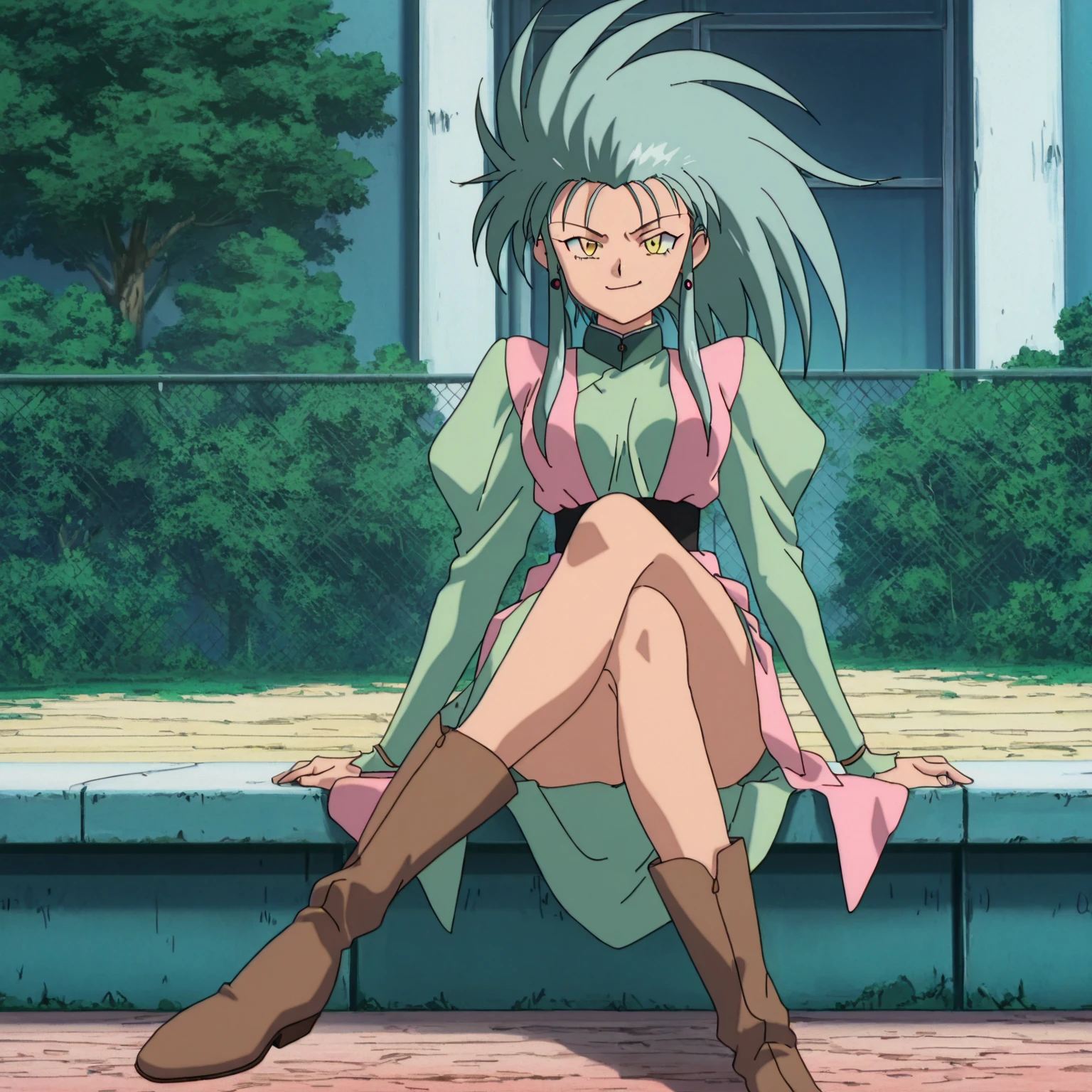 hakubi ryoko, 1girl, blue hair, boots, day, in tree, long hair, ocean, outdoors, palm tree, plant, shorts, sky, sleeveless, smile, solo, tree, water <lora:90sv1.6R:0.6>