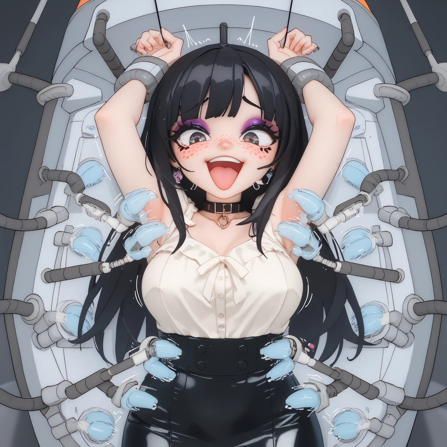 Stylish curvy woman, motherly body, stoner girl, choker collar, hipster outfit, Beautiful face, long black hair, freckled face, In her late 30's. (trapped inside "automated tickling device") feathery brushes in her underarms. She is inside a large machine. Eyeshadow, Restrained by leather straps and padding, arms restrained above her head, armpits shown. She wears tight skirt and an unbuttoned blouse, her body immobilized by straps and padding. Tickled by mechanical ticklers. Laughing in pleasure, tickled silly, automated tickling, automated hands touch her upper body.