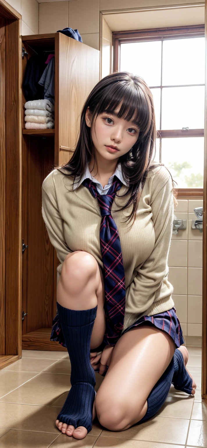 atmospheric perspective, 8k, super detail, accurate, best quality, ((Japanese young woman, round face)), film skin, (correct limbs, eccentric pose), ((angle from below)), ((elaborately designed various-pattern luxury panties, panties high definition images, draw panties with super precision)), (drooping eyes, sleepy face), emphasize the shape of the breasts, (ecstasy, gasp), ((straddling to hit her crotch on the exposed pipe for masturbation)), (open legs, raise leg), slut, long hair up, clothes, shirt, ((cardigan, skirt)), (old storeroom), floor, ceiling,
