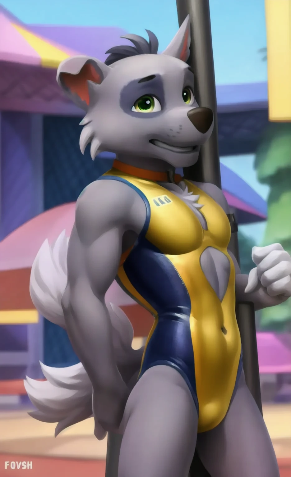 solo, male, tan and brown fur, canine (german shepherd), twink body, wearing a (white and silver shiny spandex bodysuit cycling suit lycra, spandex one-piece spandex lycra bodysuit), wearing a (orange chrome sunglasses), at a public park, lay on a bench, showing back, (focus on butt), presenting butt to the viewer, look back to the viewer, ass tails, otter long tail, lustful smile expression, full body shot, sexy pin-up posing, by zackarry911, by zaush, detailed eye, detailed face