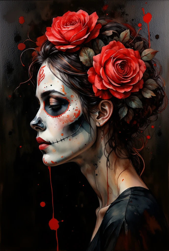 A striking and surreal artwork that juxtaposes life and decay. In the center, a young female face is prominently displayed, rendered in grayscalewith a piercing, fiery red eye that emits a sinister glow. Surrounding the skull, vibrant red flowers bloom, contrasting starkly with the dark and menacing backdrop, creating an eerie atmosphere. The face appears to be superimposed on a crumbling, graffiti-covered brick wall, adding to the overall sense of decay and deterioration. The contrast between the lively flowers and the grim surroundings evokes feelings of mystery, beauty, and the fleeting nature of life. The vivid colors and intricate details capture the viewer's attention, making this an unforgettable piece of art. a masterpiece, realistic touch