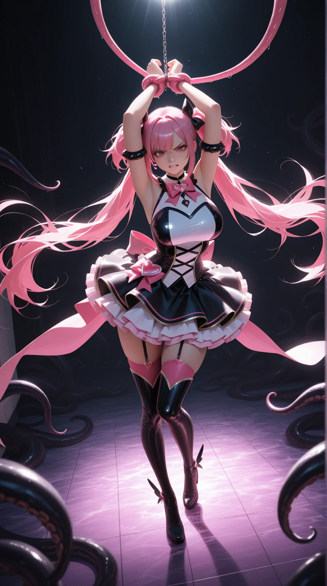 (high resolution, full body, soft skin:1.2),(best illustration,masterpiece:1.2),ultra-detailed,[(cat ears ,pink inside:1.2),vivid colors,sharp focus,portrait,studio lighting,bokeh, wearing a Black Princess Bow Sling Dress, spotlight background