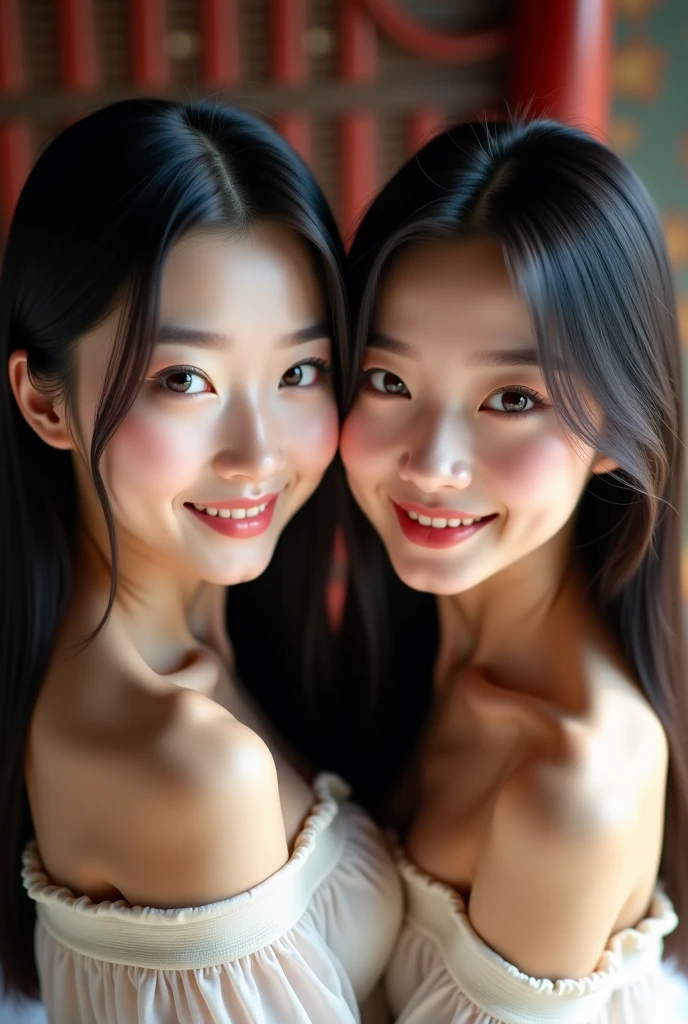 masterpiece, Ultra-high resolution, Original photo, Ultra-high resolution,2 Girls, ((Multiple Girls group)), slender body, high waist,Flashy makeup,shy smile,flowing hair,whole body visible,classroom background,topless nude, pop-idols, different faces, small breasts, group dance, no panties