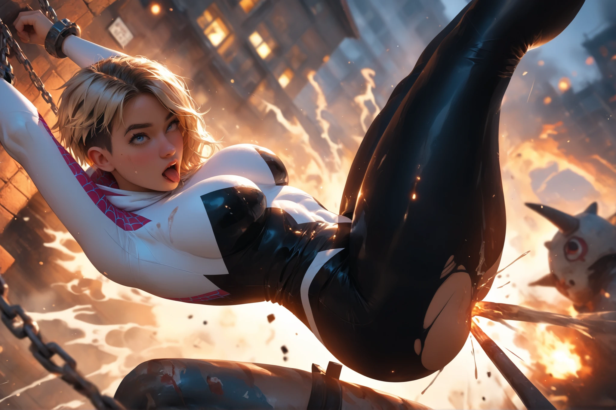 Bondage, burning, sadistic, Spider-gwen swinging on web, spinning a web between floating Barbed iron chains., beautiful face, ahegao face, baby face, wearing Spider Gwen suit, big breasts, overload breasts, gigantic size breasts, wearing spider gwen suit and yoga pants, tight and thin leggings, big round buttocks, bondage, bond legs up, beautiful legs, legs up, raise legs, thick legs, showing her butts, open legs, vaginal missile on cameltoe, splash Sparking fire, firework, sparkling, spark, spininning flaying on air dirty and wet, (side Down angle view), flying on sir with Barbed iron chain, lying on wall, On the wall of a ruftop building, hanging upwards, explosion, burn, torture, sadistic, full of torture devices, tucking in at night,