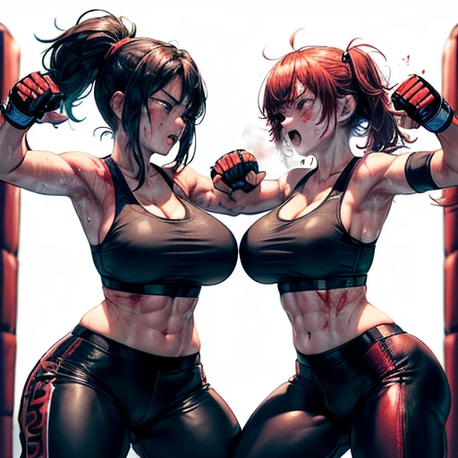 punch, punch, punch. life or death struggle. survival dynamic exciting bloody battle in the octagon ring. whole body picture. two bloody beautiful Japanese female fighters are looking at each eyes. they are beating each other so hard. They are banging their punches against their opponents. Blood is dripping from their nose. they are covered in scars and bruises. they are damaged terribry. Short-cut black hair, out of breath, drooling from mouth, one eye closed, exhausted, drenched in sweat. Erect nipples. open finger glove. sports-bra, high-leg panty. Stockings. arm-covers. Excellent proportion body.
