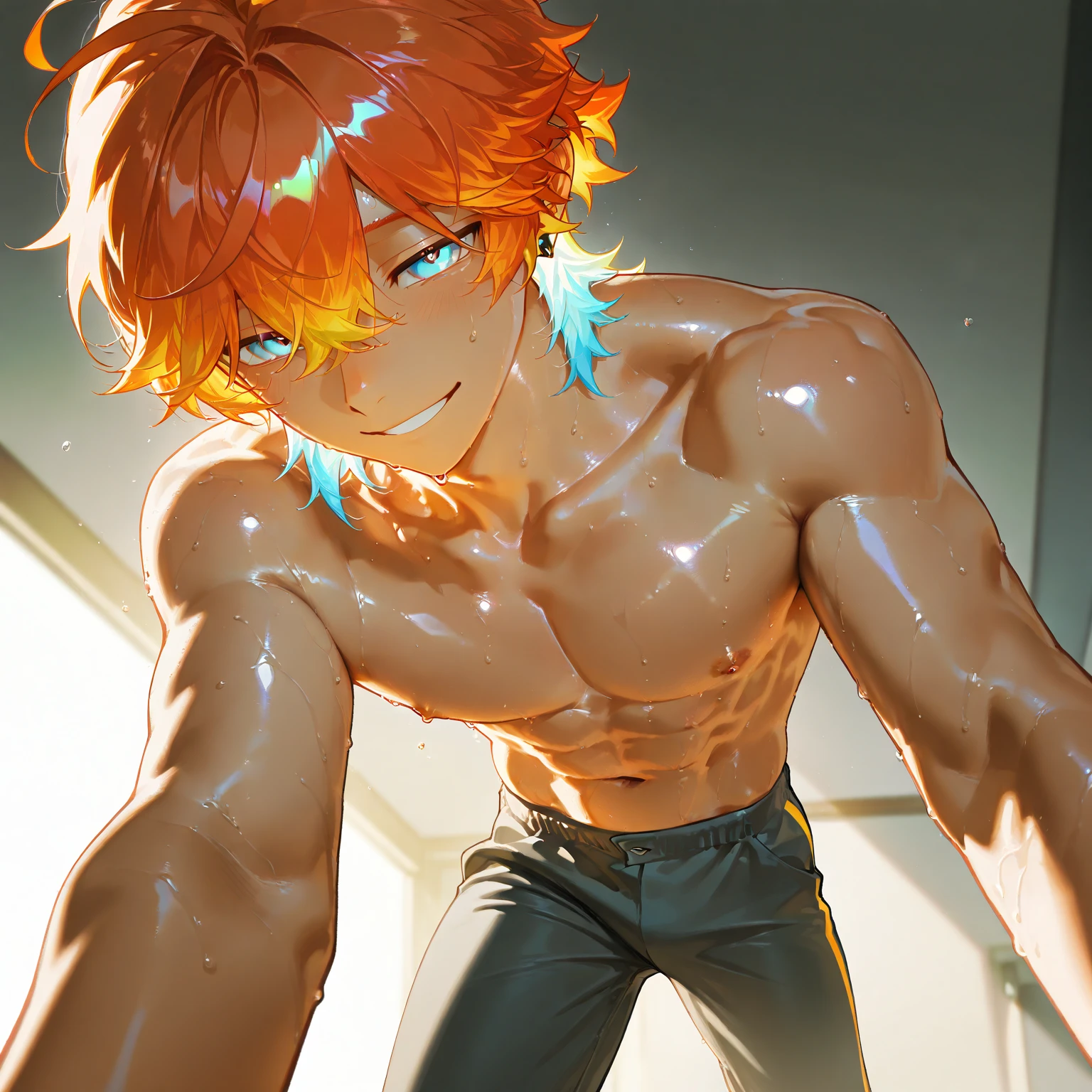 Kazuya, 1boy, male focus, solo, orange hair, brown eyes, beautiful detailed face, beautiful detailed eyes, abs, indoors, pajamas, blue pants, window, collarbone, sexy pose, shirtless, topless, anime screenshot, anime style, Undressing