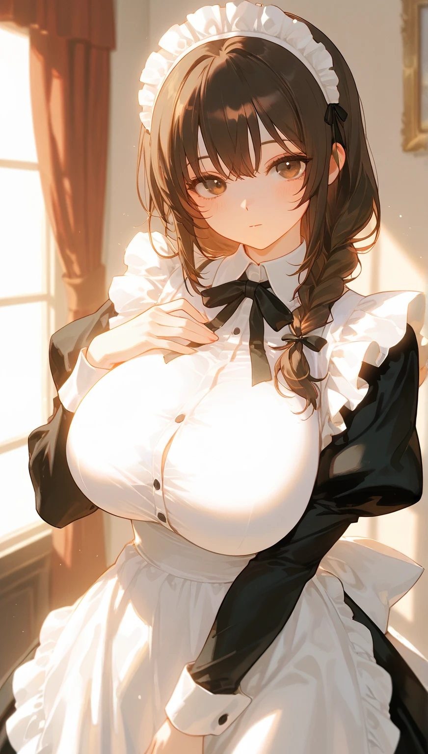 Masterpiece,Large Breasts,Wearing only an apron,Attractive cleavage,Show your face,Breast drooping,Show me your thighs