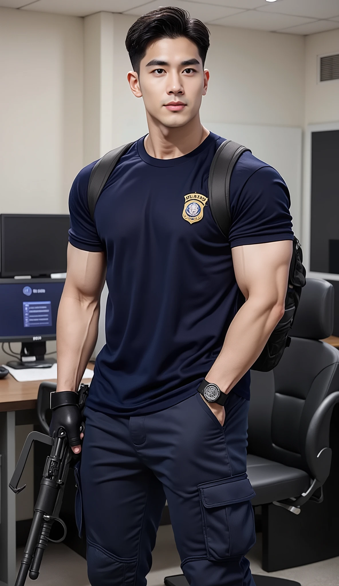 handsome korea man with skinfade hair style, wearing a navy t-shirt with a police badge shield,and navy cargo pants with another knee pad , black gloves, Carrying backpack and Long gun , holding long gun in computer room