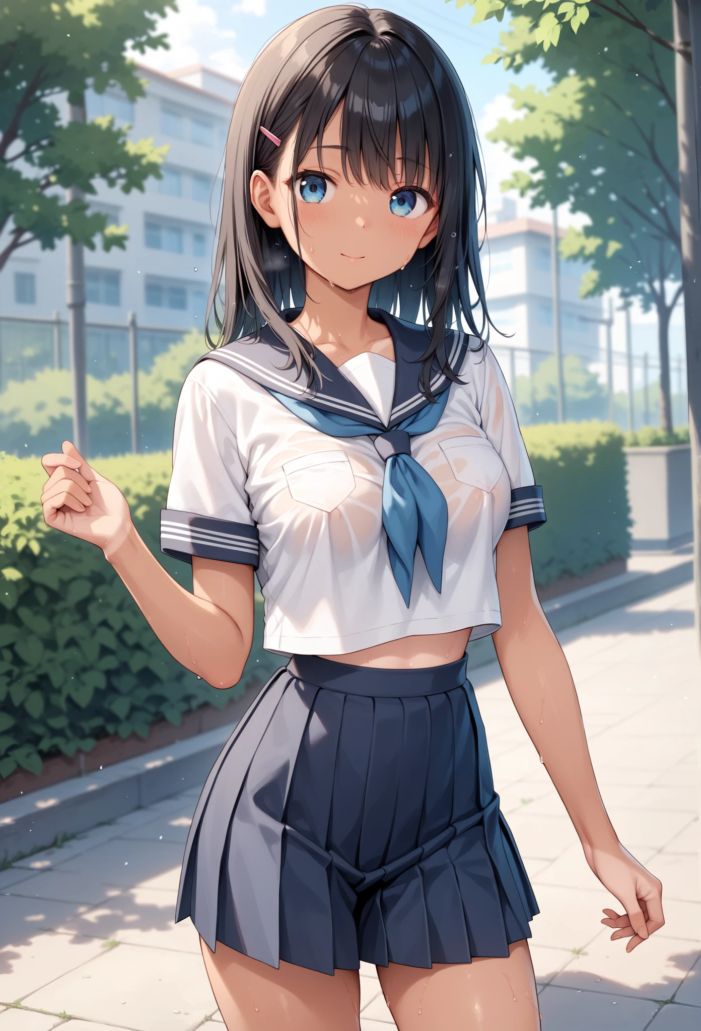 NSFW、Toned body、Big Breasts、(quality)）、((masterpiece)）、(これはclassroomでセーラー服を着たセクシーな女子高生のクローズアップショットです:1.4)、(solo:1.4)、(One girl:1.4)、(Very short black hair:1.3)、(black eye:1.2)、(Short sleeve white sailor uniform:1.3)、(Dark blue micro mini skirt dark blue:1.2)、(White string panties:1.2)、(belly button:1.1)、(Navy collar、Yellow tie)、Recommended results、Plump nipples、(Transparency:1.5)、Stand up straight、Abdominal muscles、Huge bust、Angle to floor:1.2、Low camera angle、School、classroom